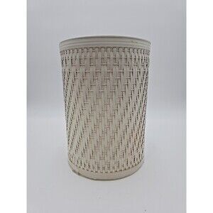 Vintage White Wicker Rattan Round Small Waste Basket Trash Can Shabby Chic